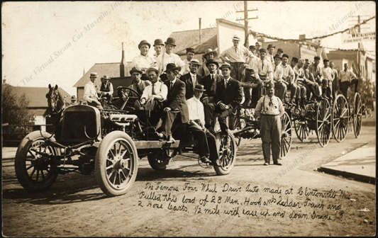 Badger, Four Wheel Drive Corporation, Real Photo Post Card, Gasoline Powered Vehicle pulling huge load, front